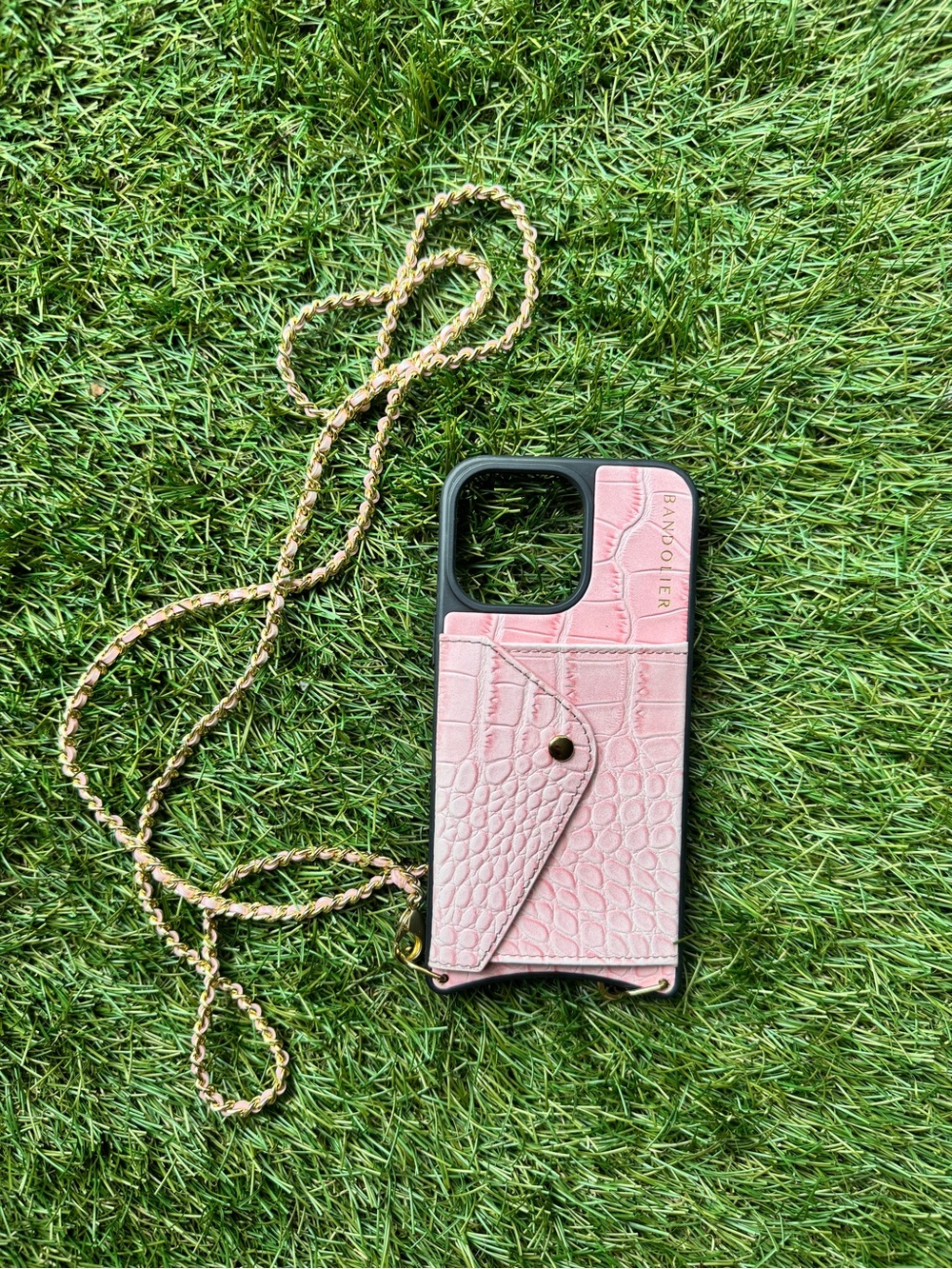 Bandolier Pink Croc-Texture Phone Crossbody Case with Chain Strap